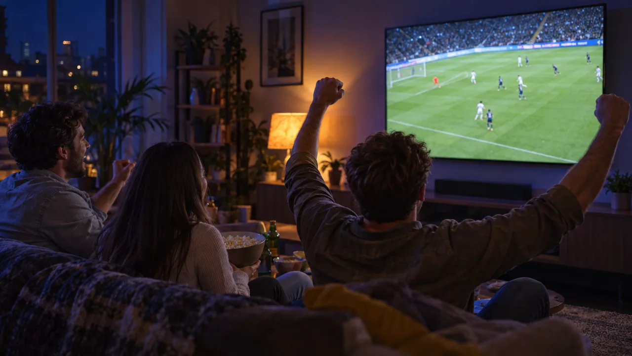 Three friends on a sofa cheering at a live football match on a big TV